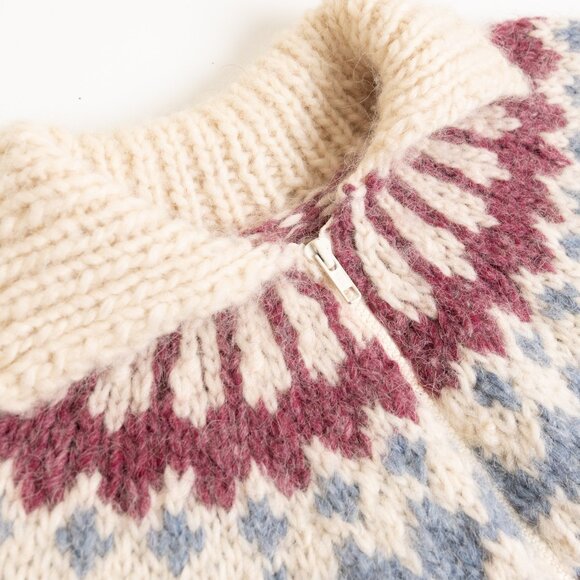 Vintage Fair Isle Sweater Wool Handknitted Nordic Full Zip Cream Blue Purple - Picture 4 of 13
